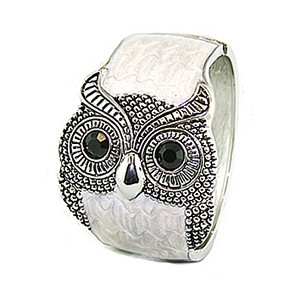 Owl Hinged Cuff Bracelet - White Enamel Swirl